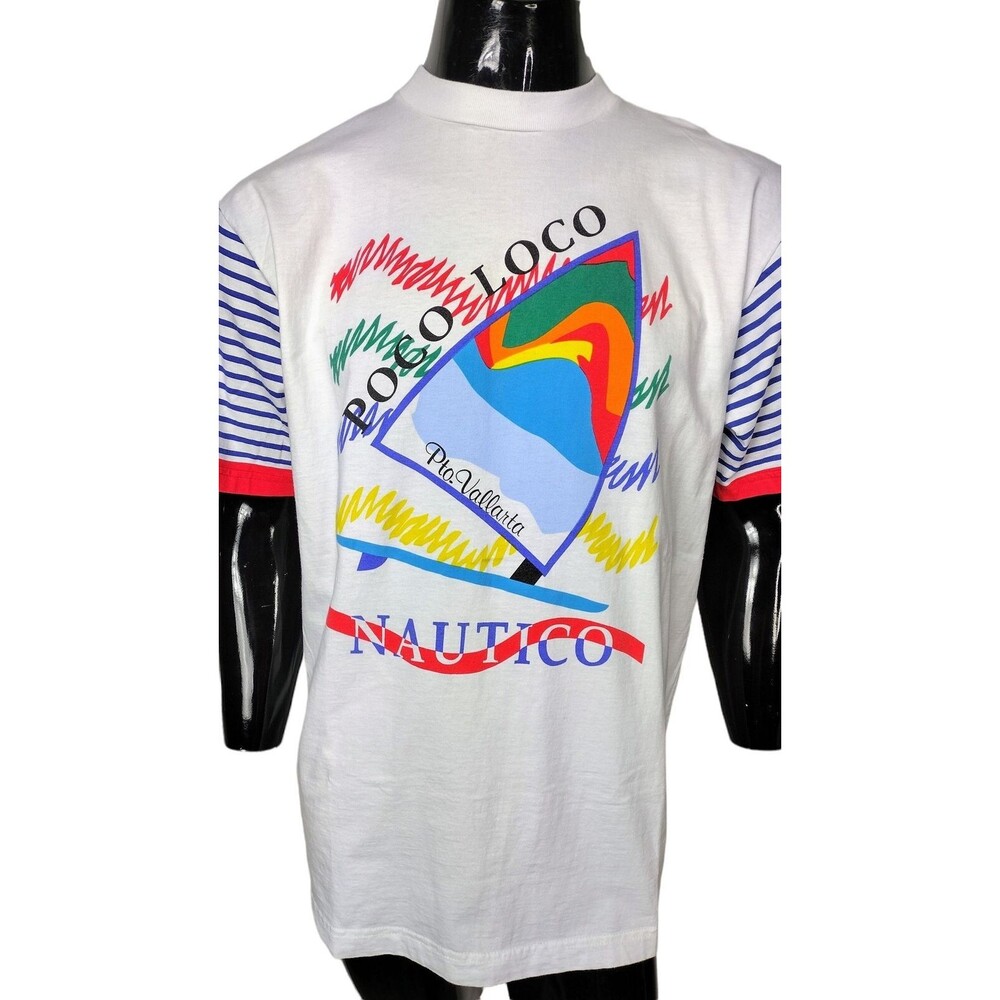 VTG 80s Rainbow Striped Poco Loco Puerto Vallarta Nautico Sailboat Tee L/XL NOS